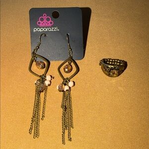 Paparazzi Gold and Pink Dangle Earrings with Ring Set